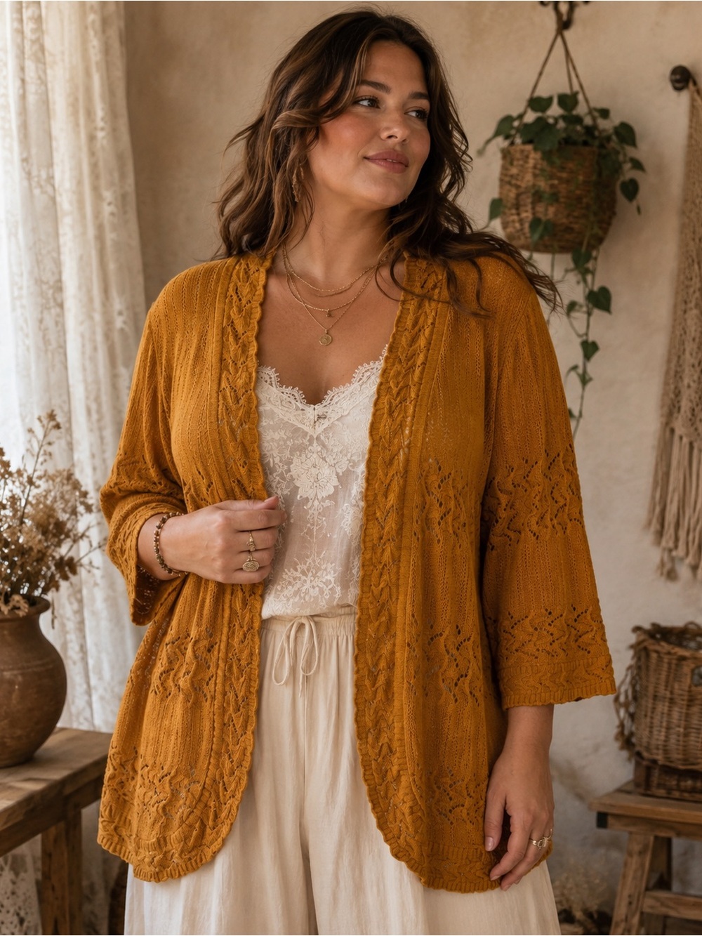LA Serissa Vintage Mustard Open Knit Romantic Boho Lightweight Cardigan Size L
